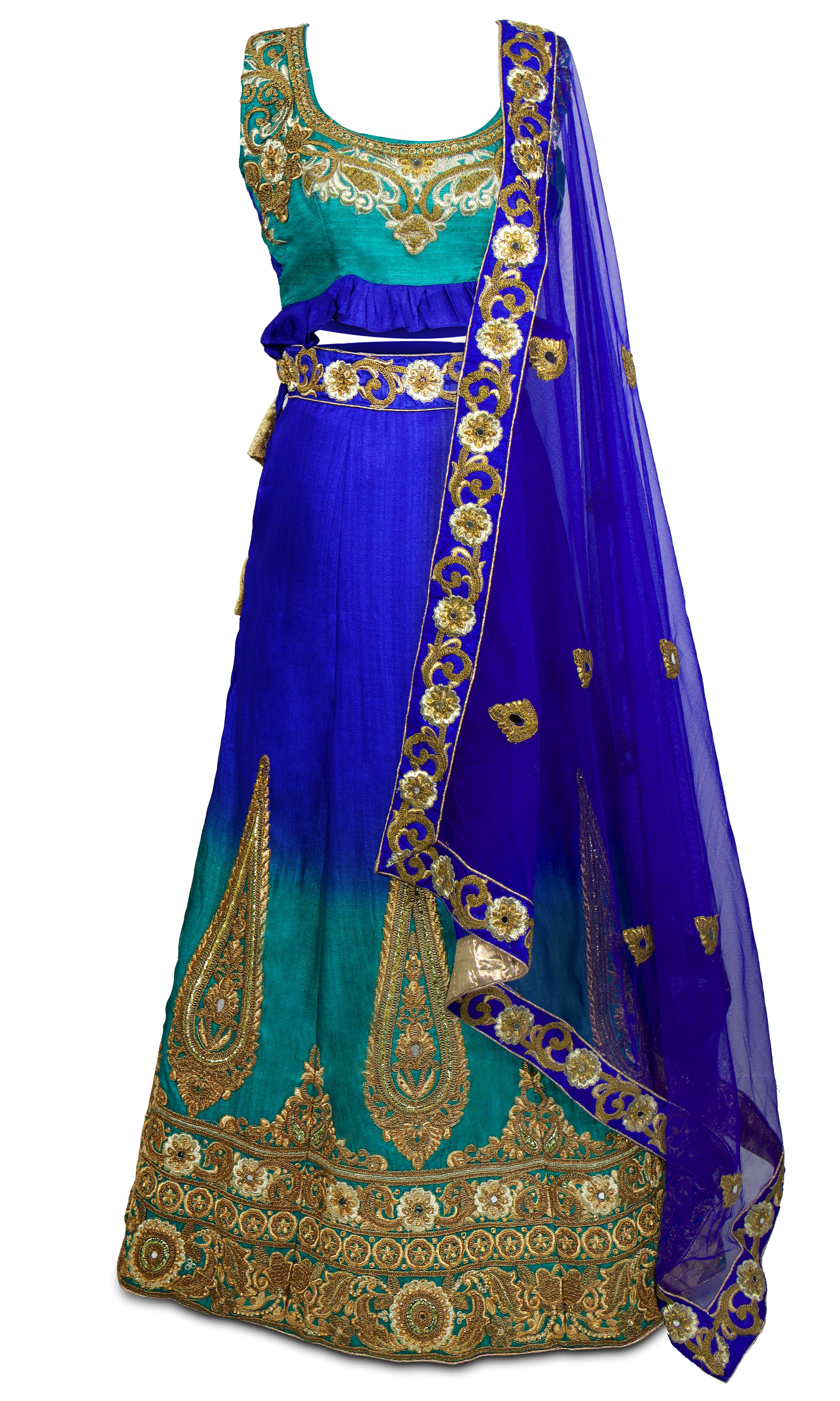 Blue Ombre color lehenga decorated with gold embroidery all throughout