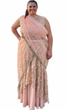Pinkish peach georgette lehenga covered in shimmering gold embroidery, white embroidered daisies