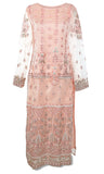 This beautiful pink net palazzo suit is embroidered with floral patterns, Comes with the matching pants and dupatta.