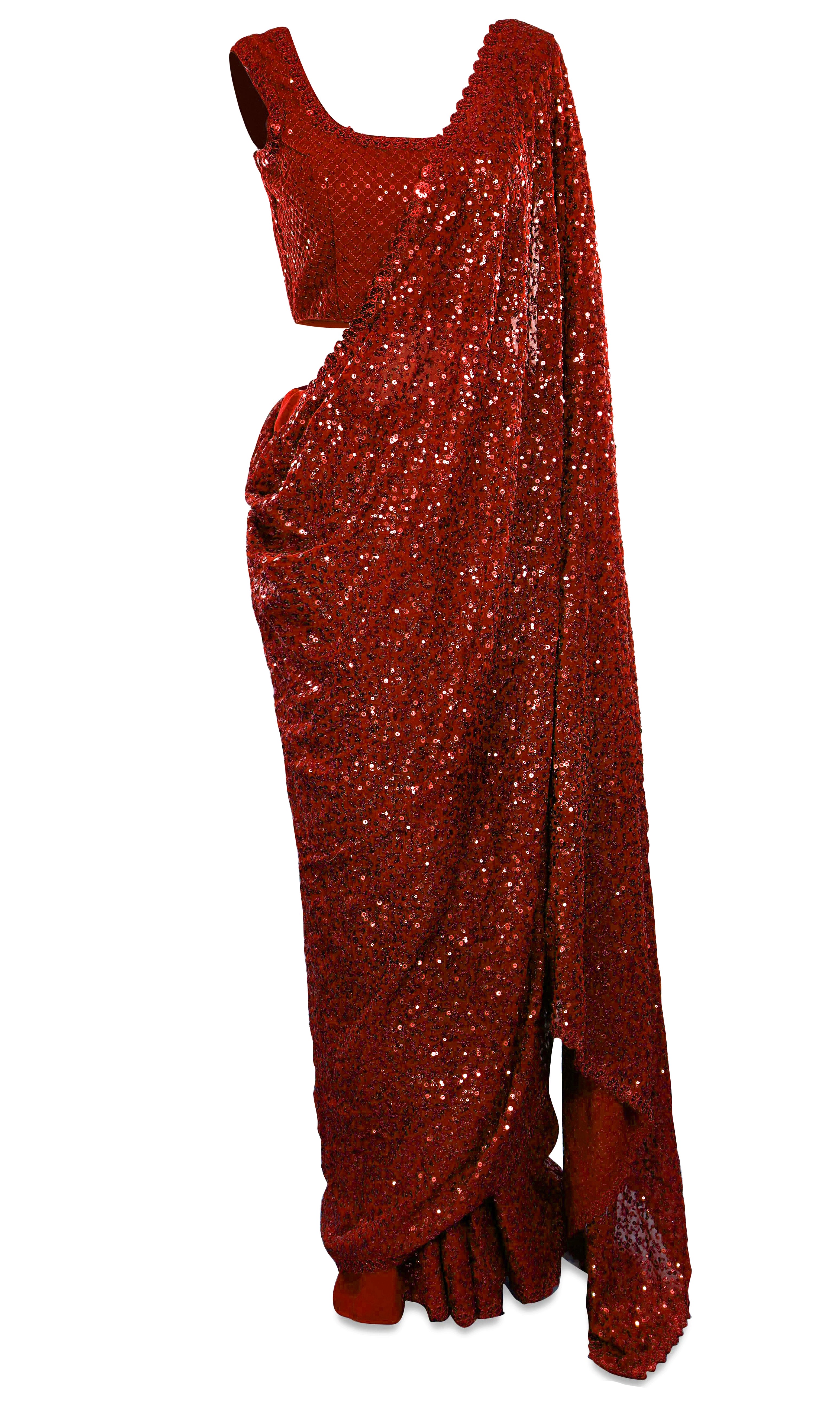  Red georgette Saree is pre-stitched, petticoat is included. You'll be the queen of hearts all night. 