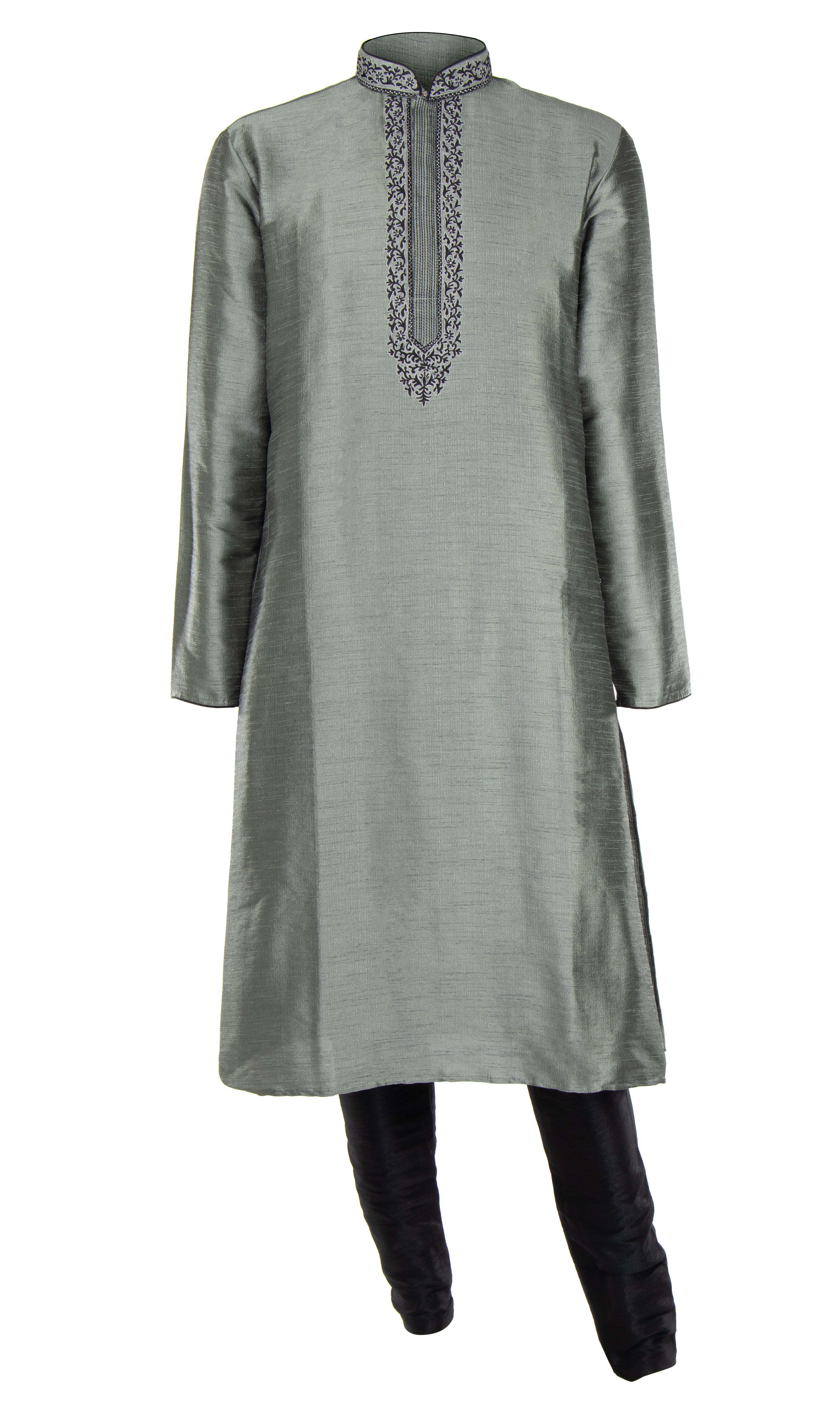 Gray silk Kurta garnished with chic black floral embroidery through the center and paired with a silk black pant.