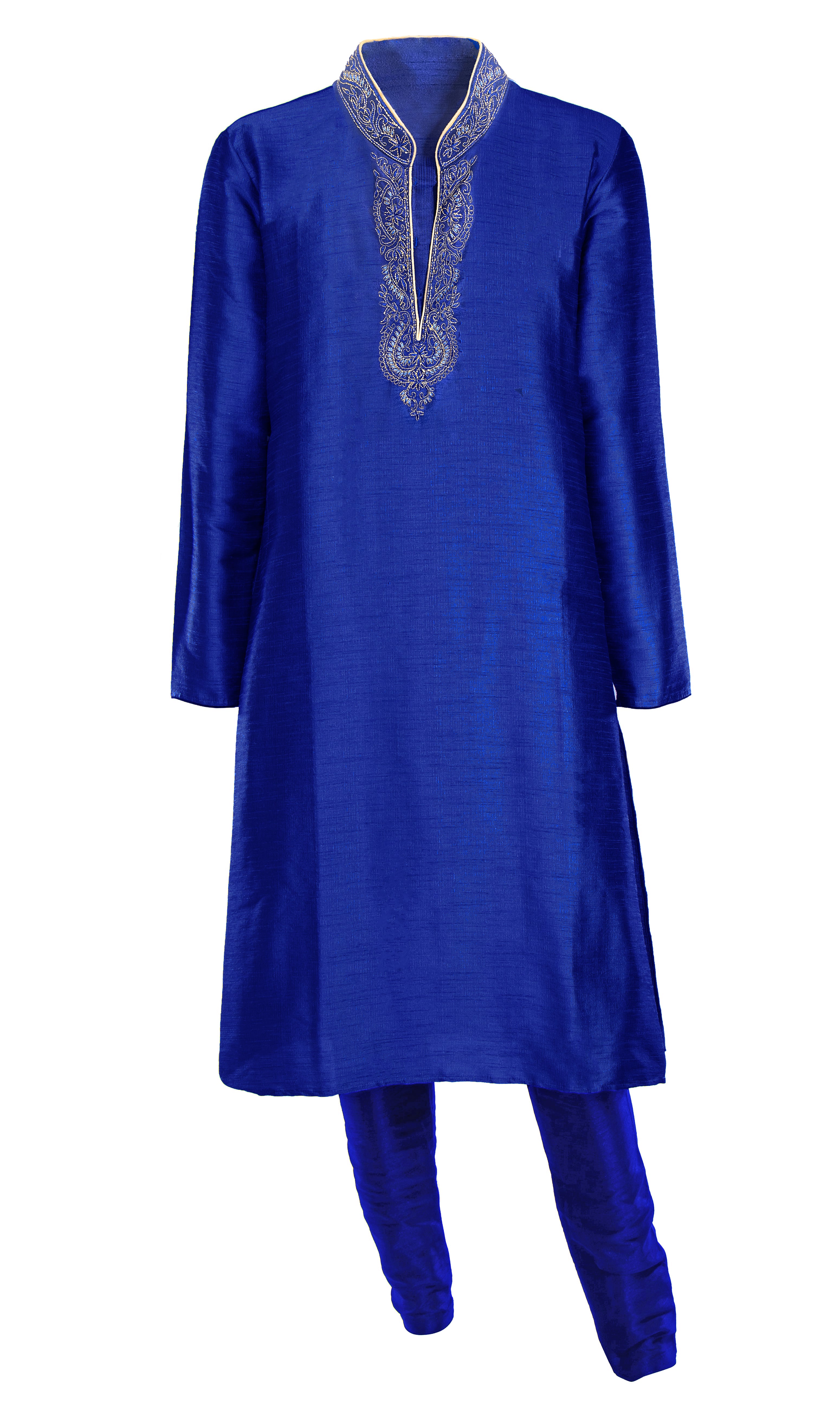 Deep gold embroidery through the center blue kurta paired with a silk blue pant