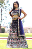 Black/dark navy lehenga set has colorful mirror work embroidery comes with net dupatta    