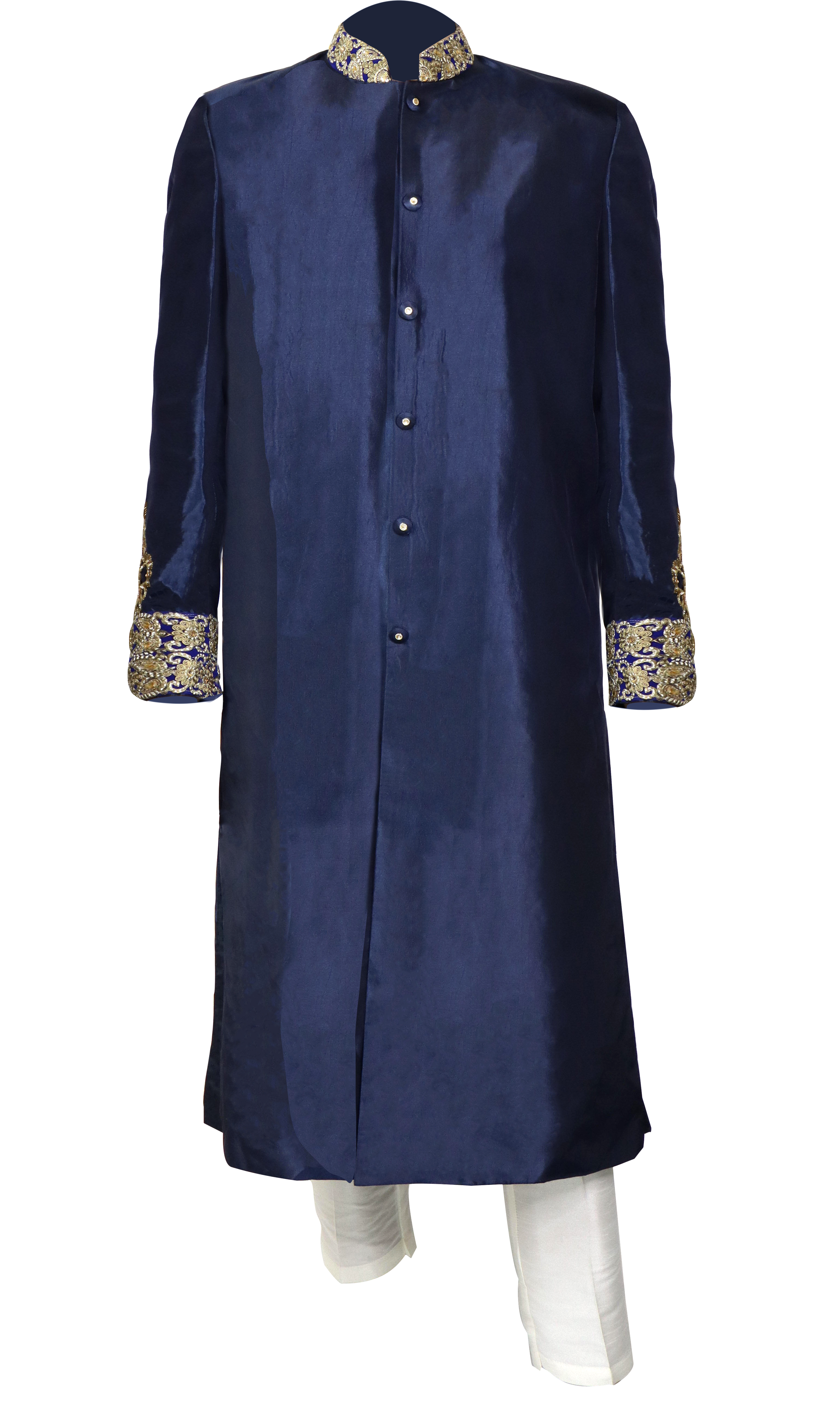 silky navy sherwani is accompanied with white pants but you can always pair it with your own pair of pants.
