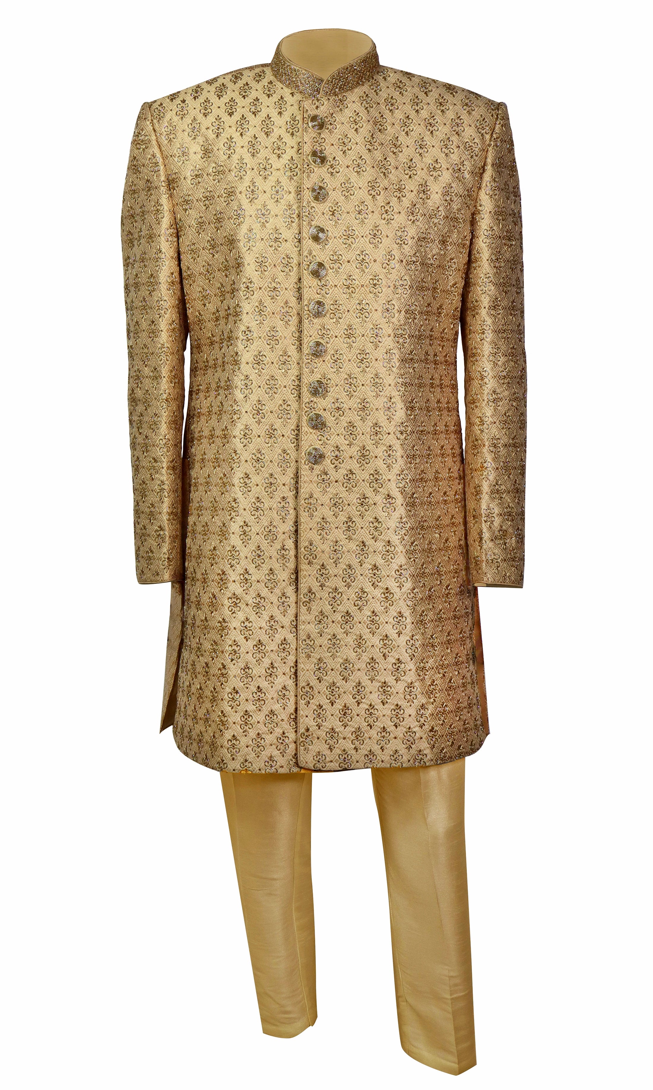 Gold silk Sherwani features an elegant patterns look is completed with the matching gold pants.