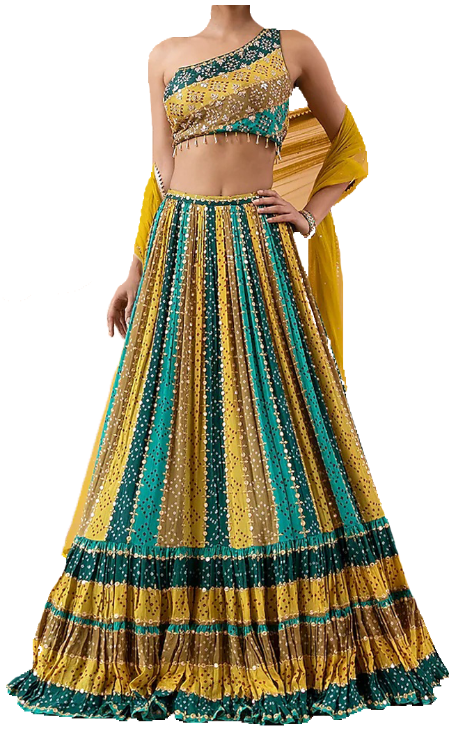 Green lehenga in chinon base with mirror, It is paired with a matching blouse.