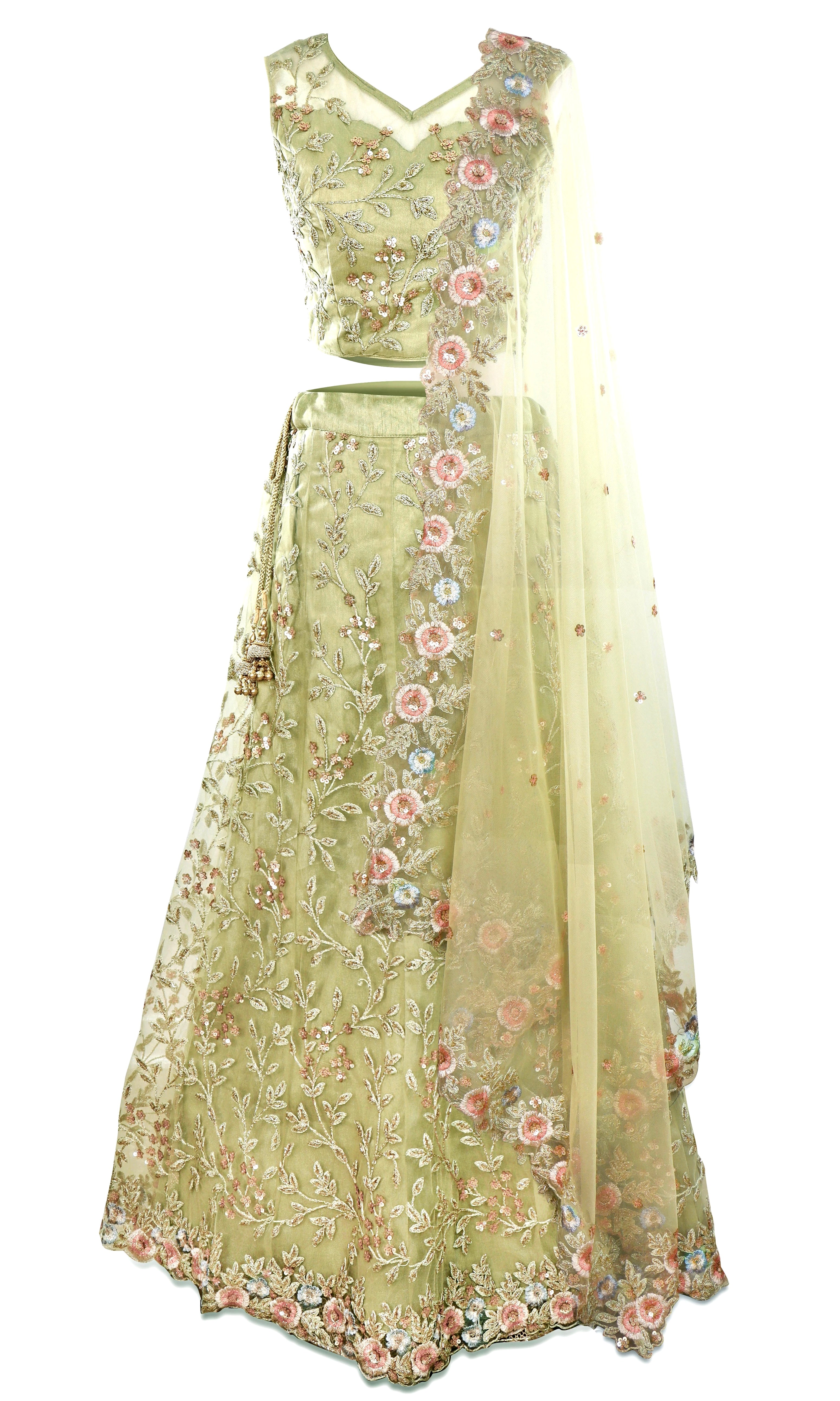 Green Lehenga and decked out with beautiful rose gold and champagne embroidery and sequins.