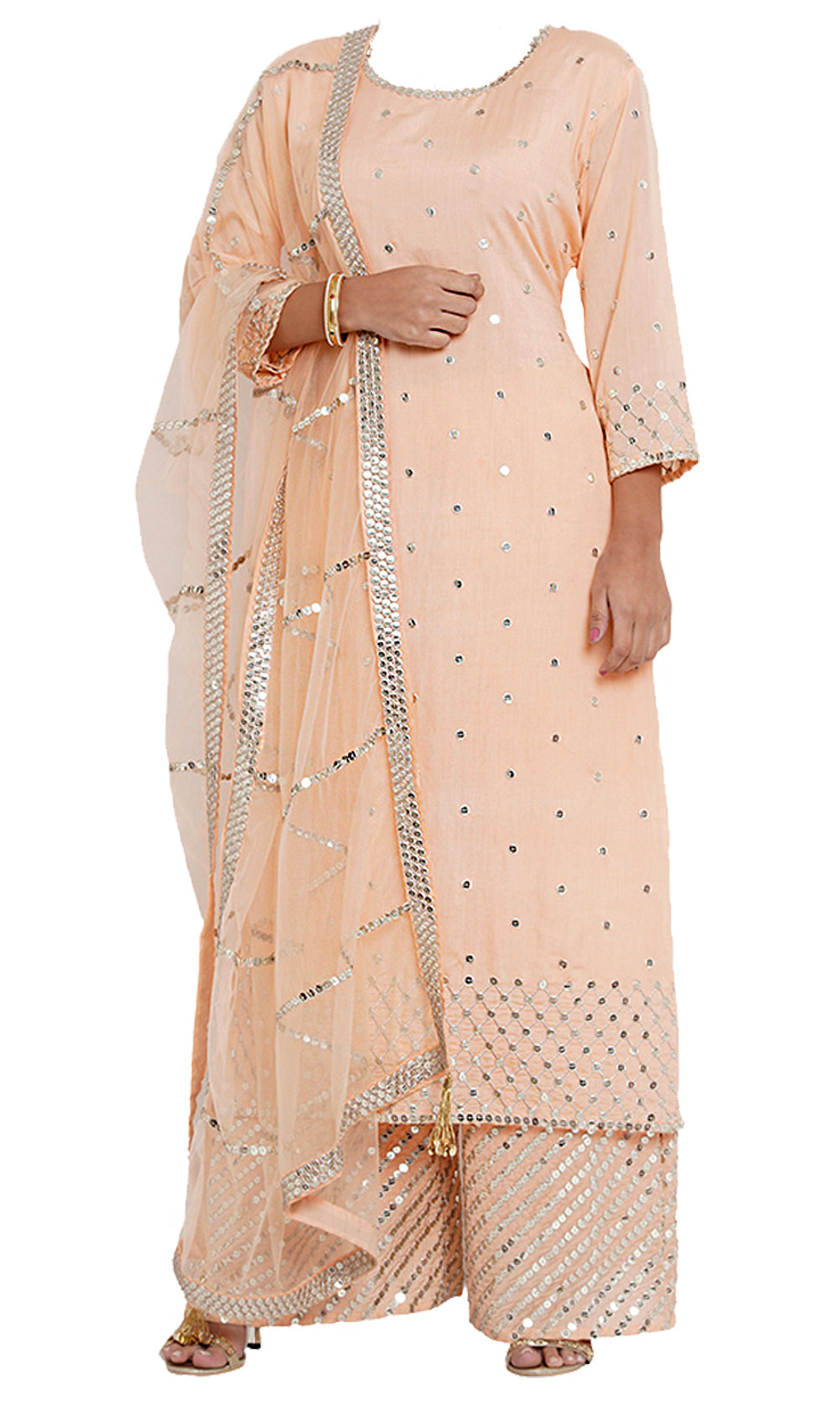  Peach palazzo suit embroidered with mirror work, this peach of you in this gorgeous, elegant pant suit!