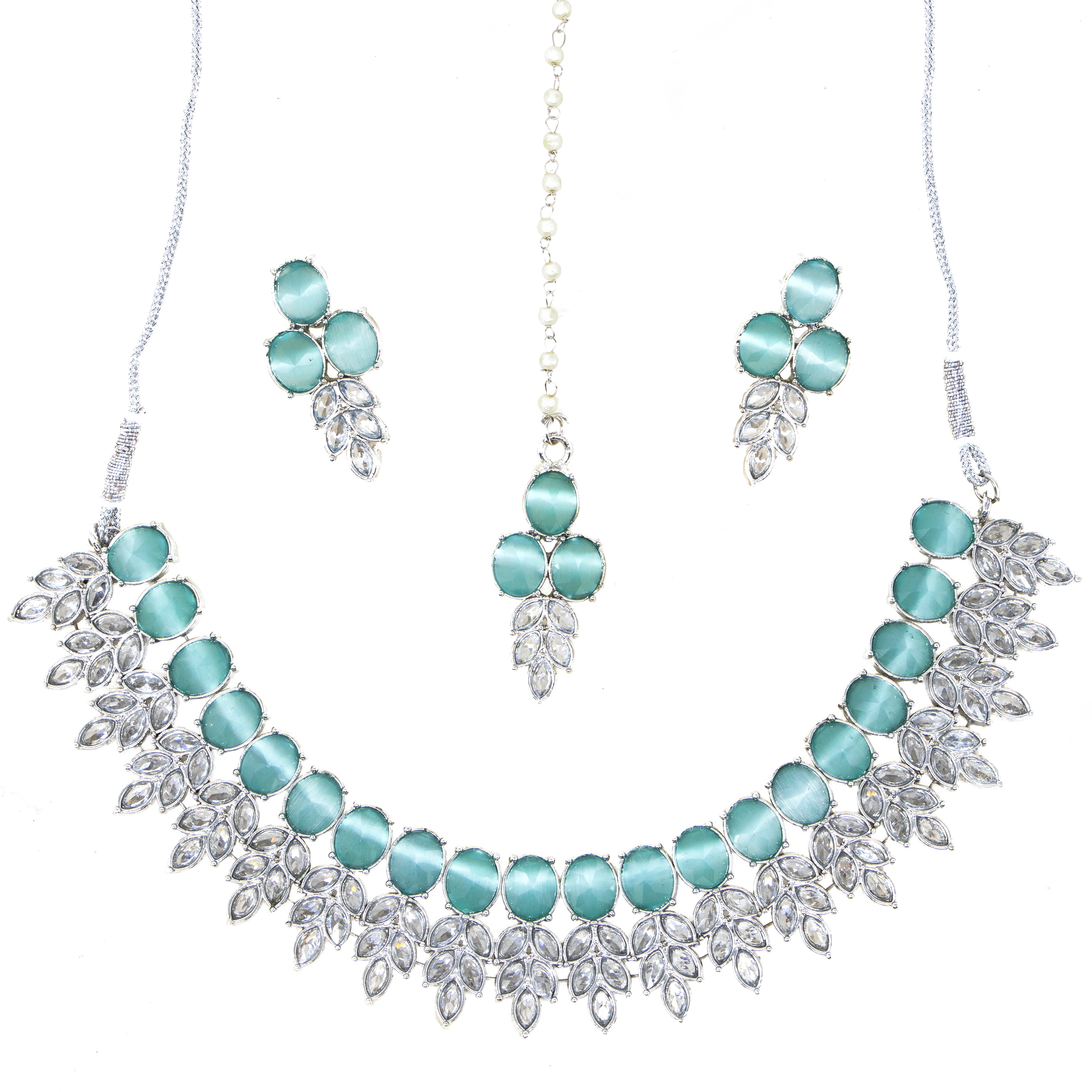 Silver 3 piece jewelry set- Necklace, earrings,& bindi with clear crystals & baby blue stones.