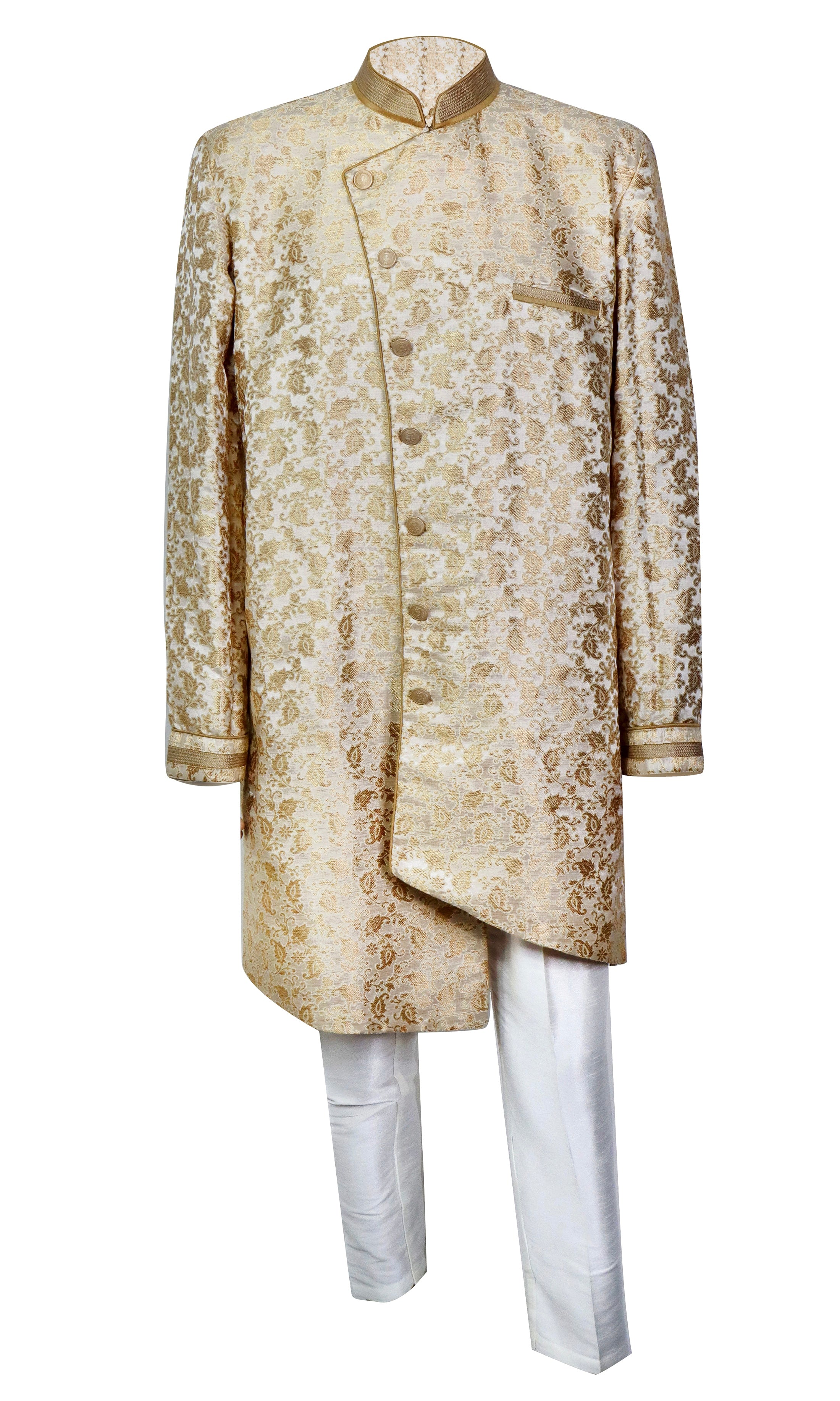 Gold indo-western sherwani with asymmetrical buttons & matchiing white pants