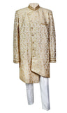 Gold indo-western sherwani with asymmetrical buttons & matchiing white pants