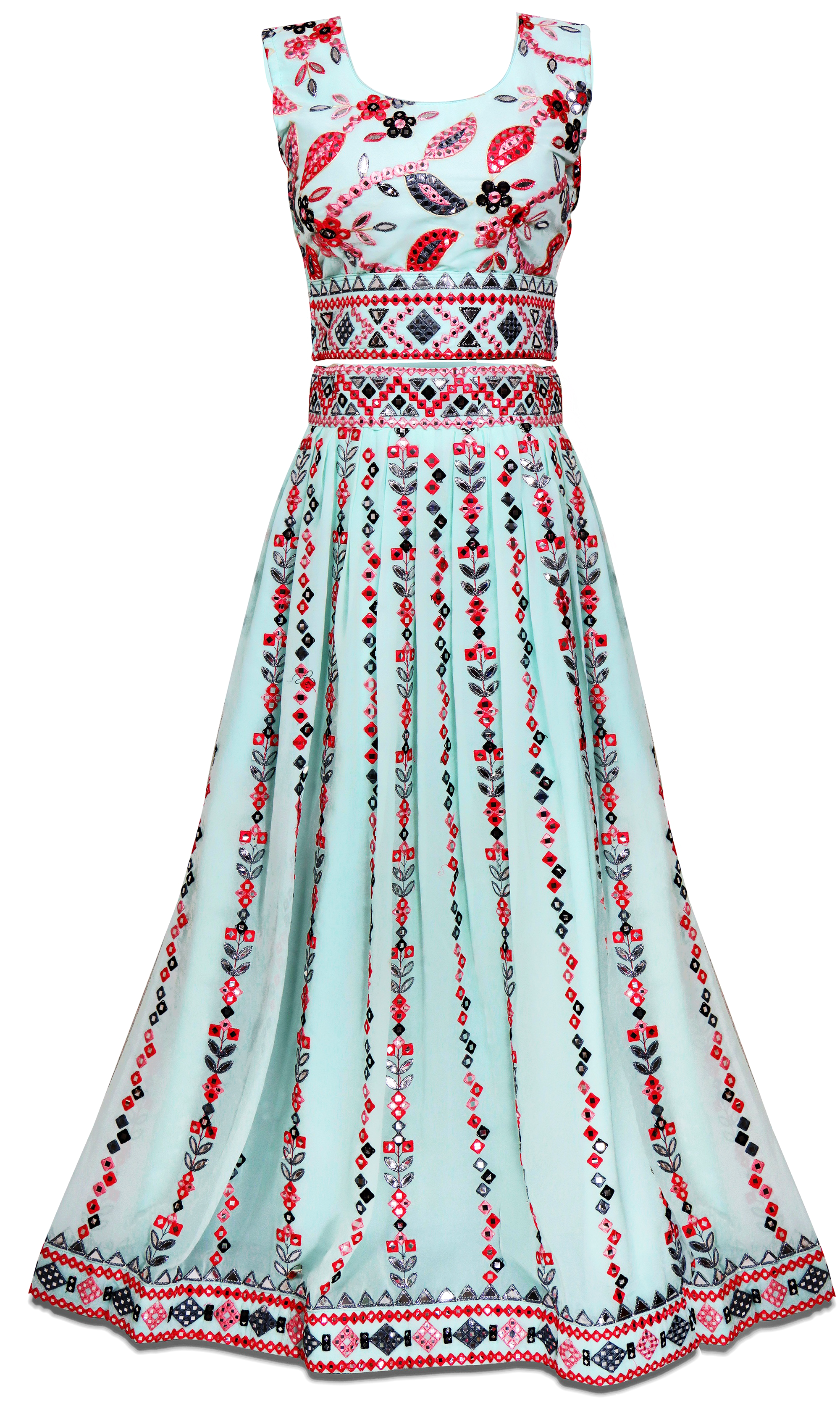 Gorgeous Pre-stitched Aquarius sky blue Lehenga with red & black threadwork all over.