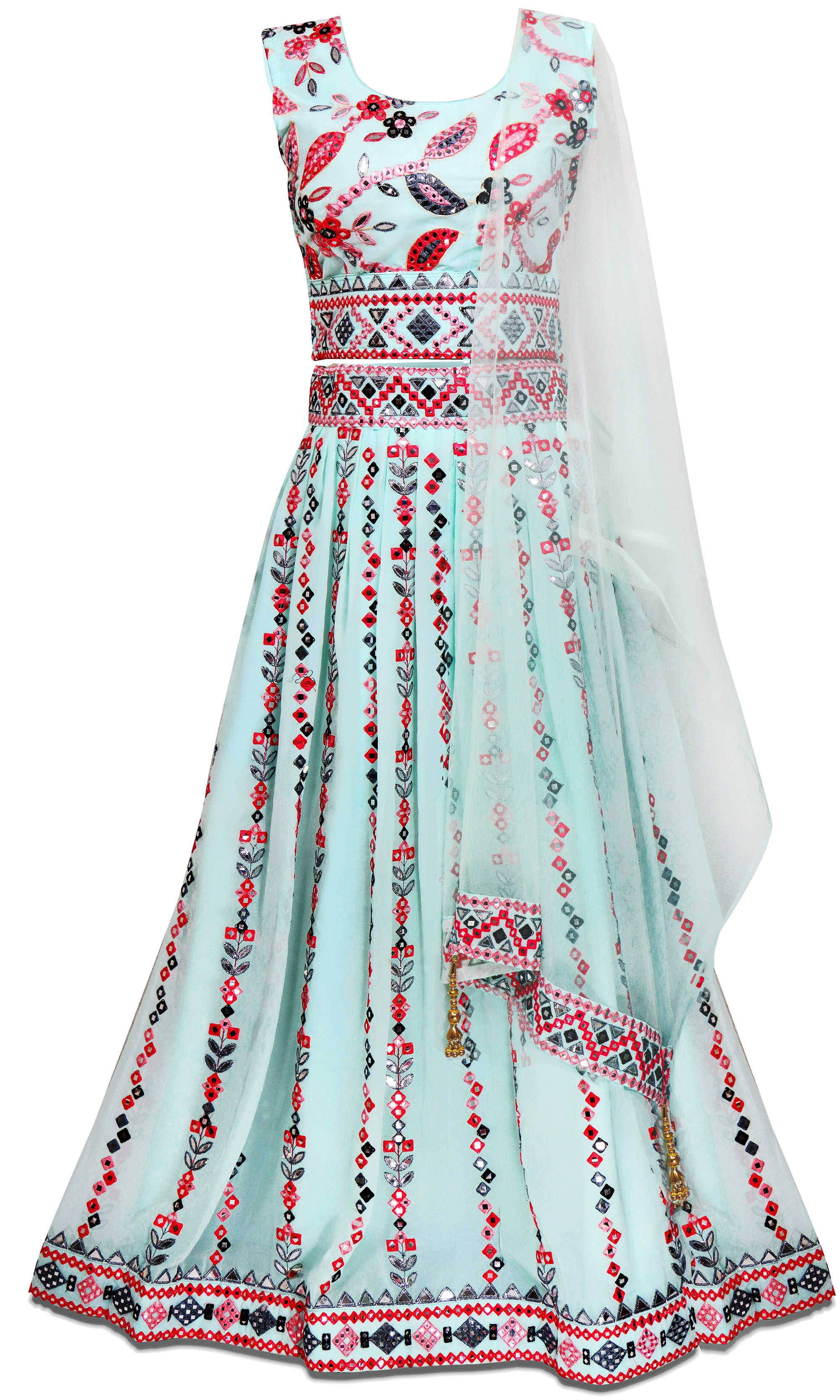 Pre-stitched Aquarius sky blue Lehenga with red & black threadwork all over.