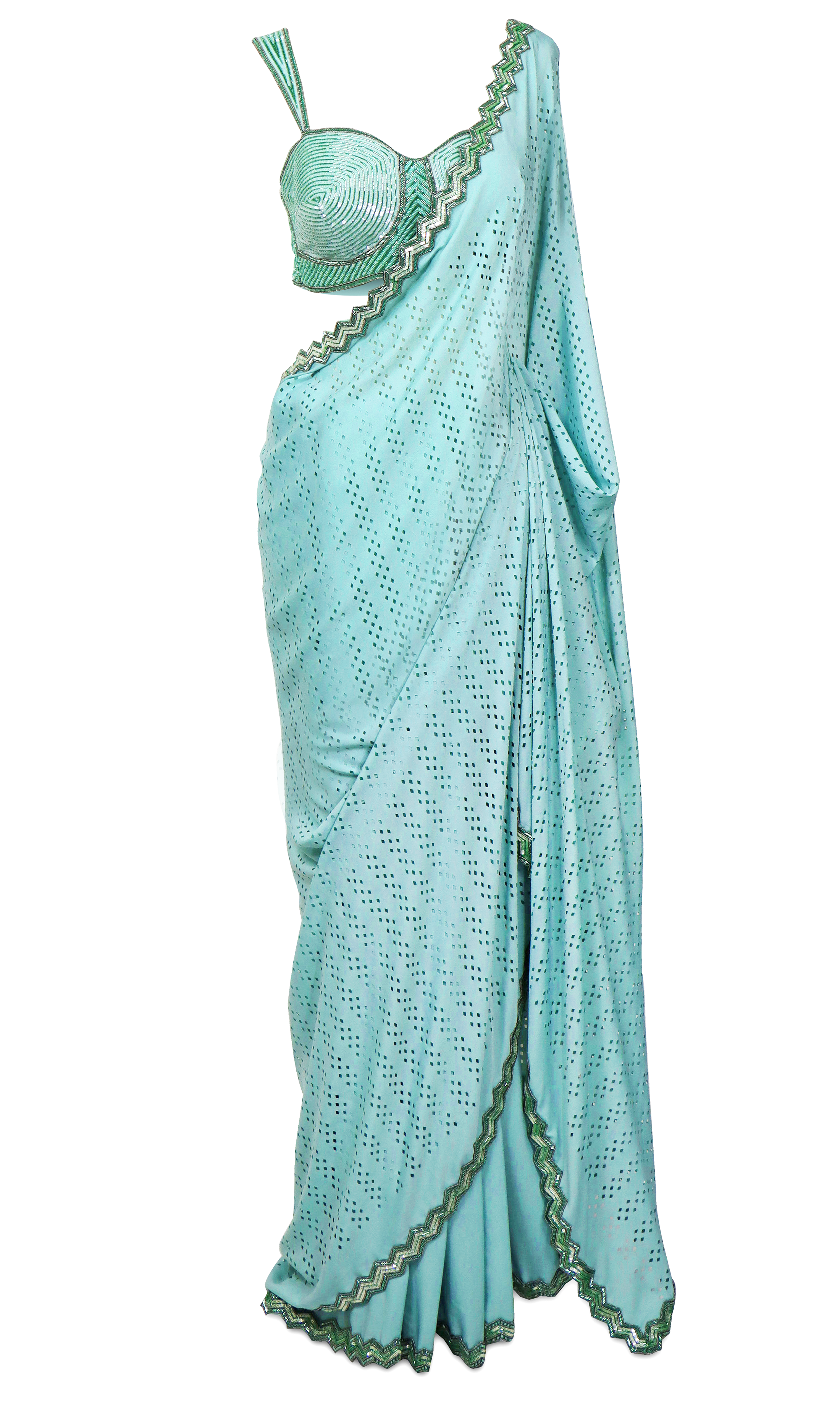 Aqua blue scalloped saree by Preeti S Kapoor with crepe base & hand embroidery. Paired with a adjustable Blouse.