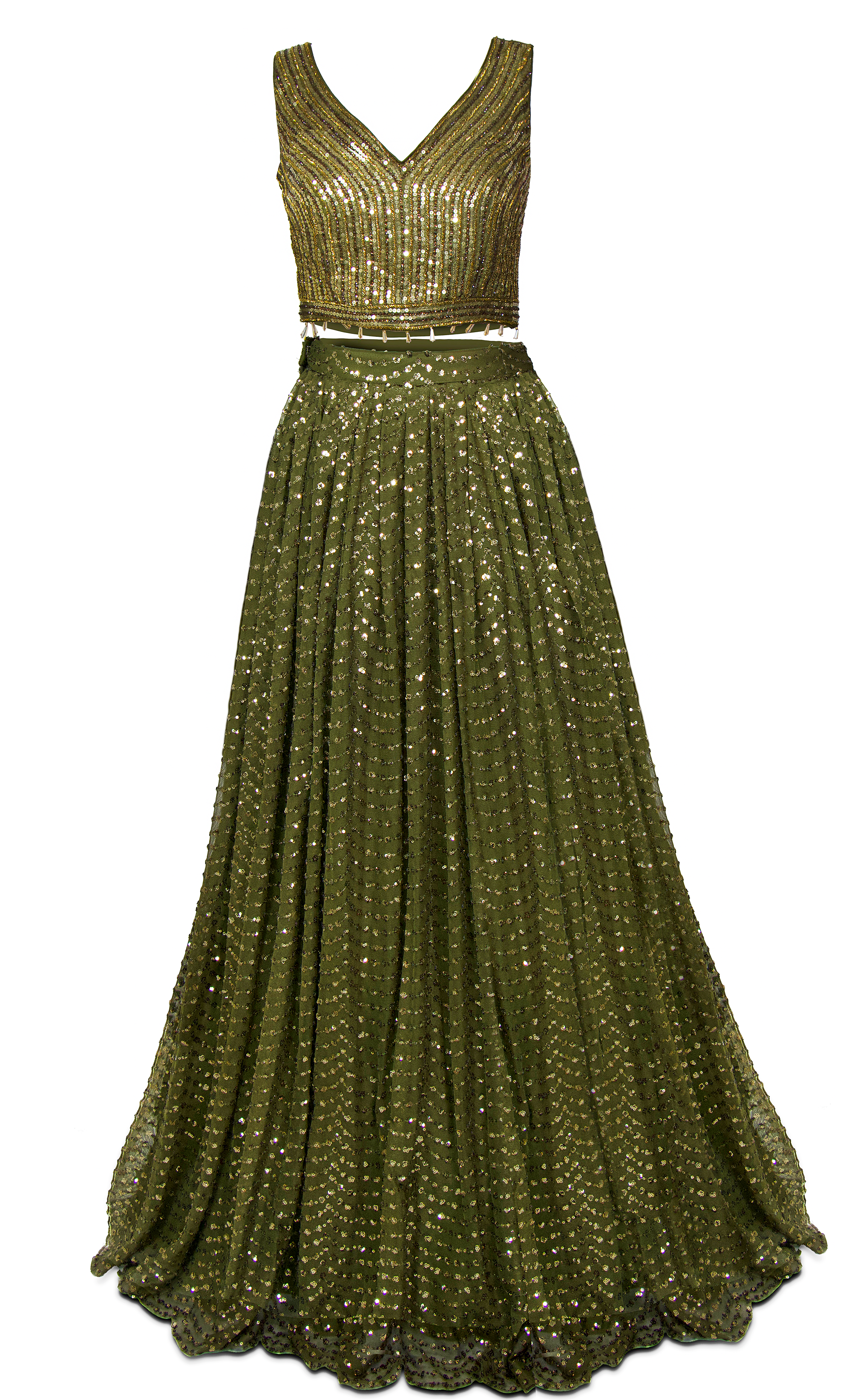 Moss green 3-piece lycra net base lehenga with sequins work. Paired with matching blouse & net dupatta
