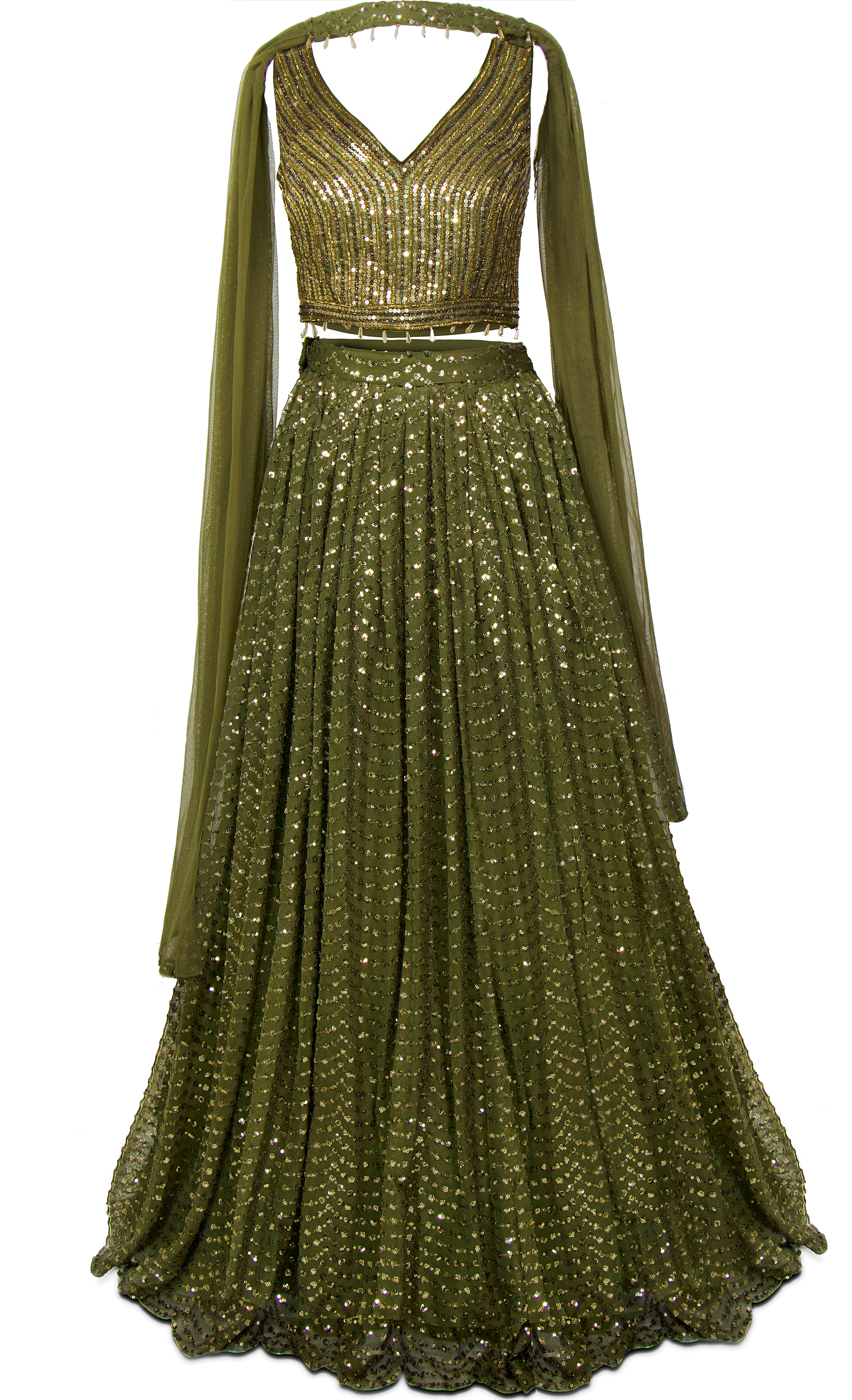 Moss green 3-piece lycra net base lehenga with sequins work all throughout paired with matching blouse & net dupatta