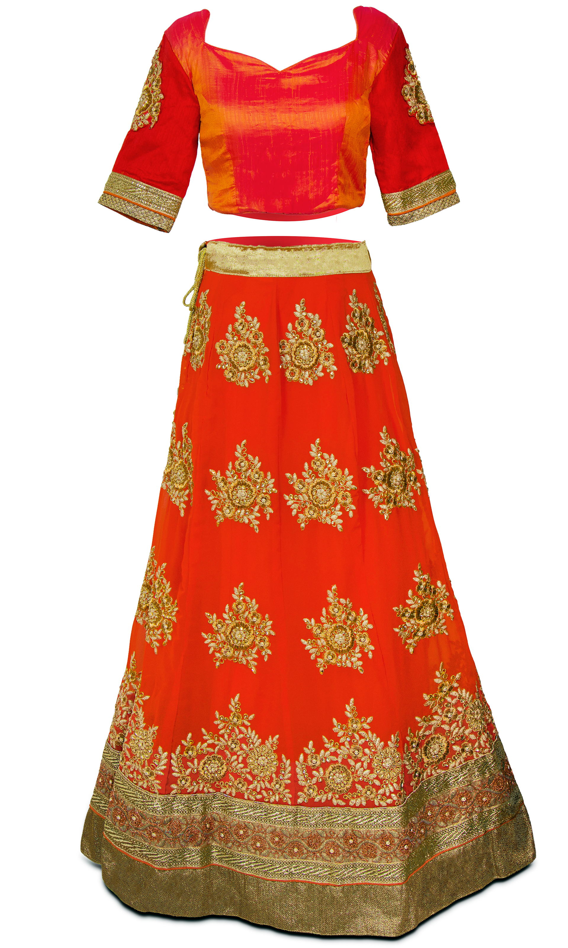 3-piece orange/red shiny silk Lehenga with gold embroidery & mid-sleeve blouse and a matching dupatta.