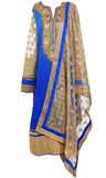 3 piece blue and gold pant-suit with matching beige pants