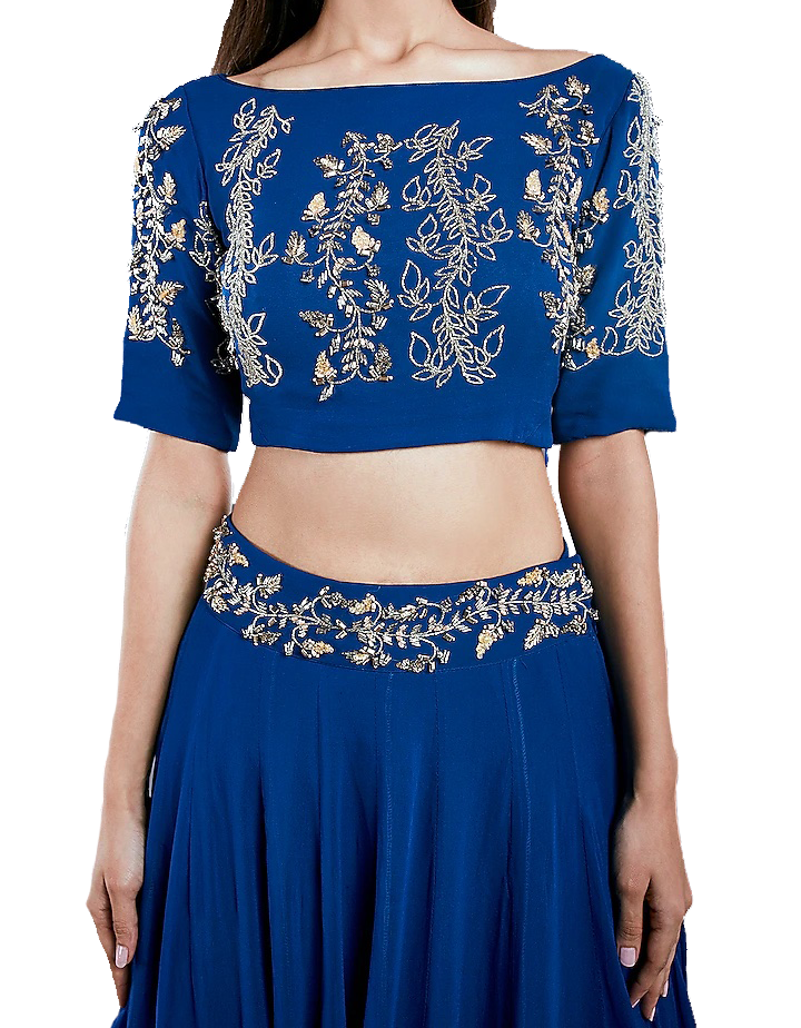 Royal blue 3-piece lehenga by Divya Kanakia with sequins & glass pipes embroidery. Paired with a matching blouse & dupatta.