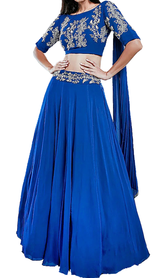 Royal blue lehenga by Divya Kanakia with sequins & glass pipes embroidery. Paired with a matching blouse & an attached dupatta.