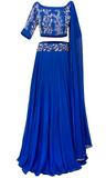 Royal blue lehenga by Divya Kanakia with shimmering sequins, metallic studs & paired with a matching blouse