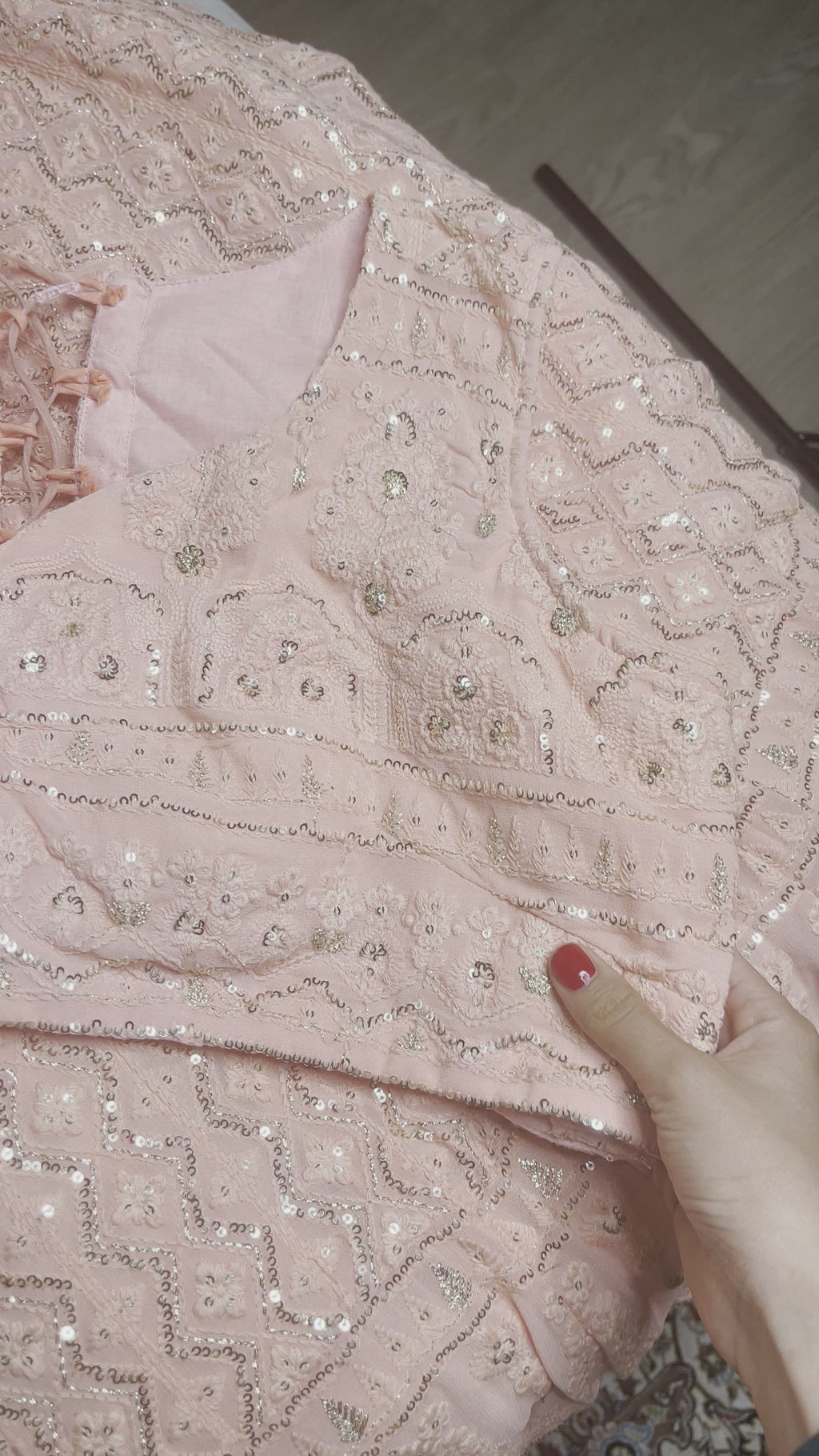 Peach pink lehenga is beautiful, small gold sequins all throughout that will make you shine all night!