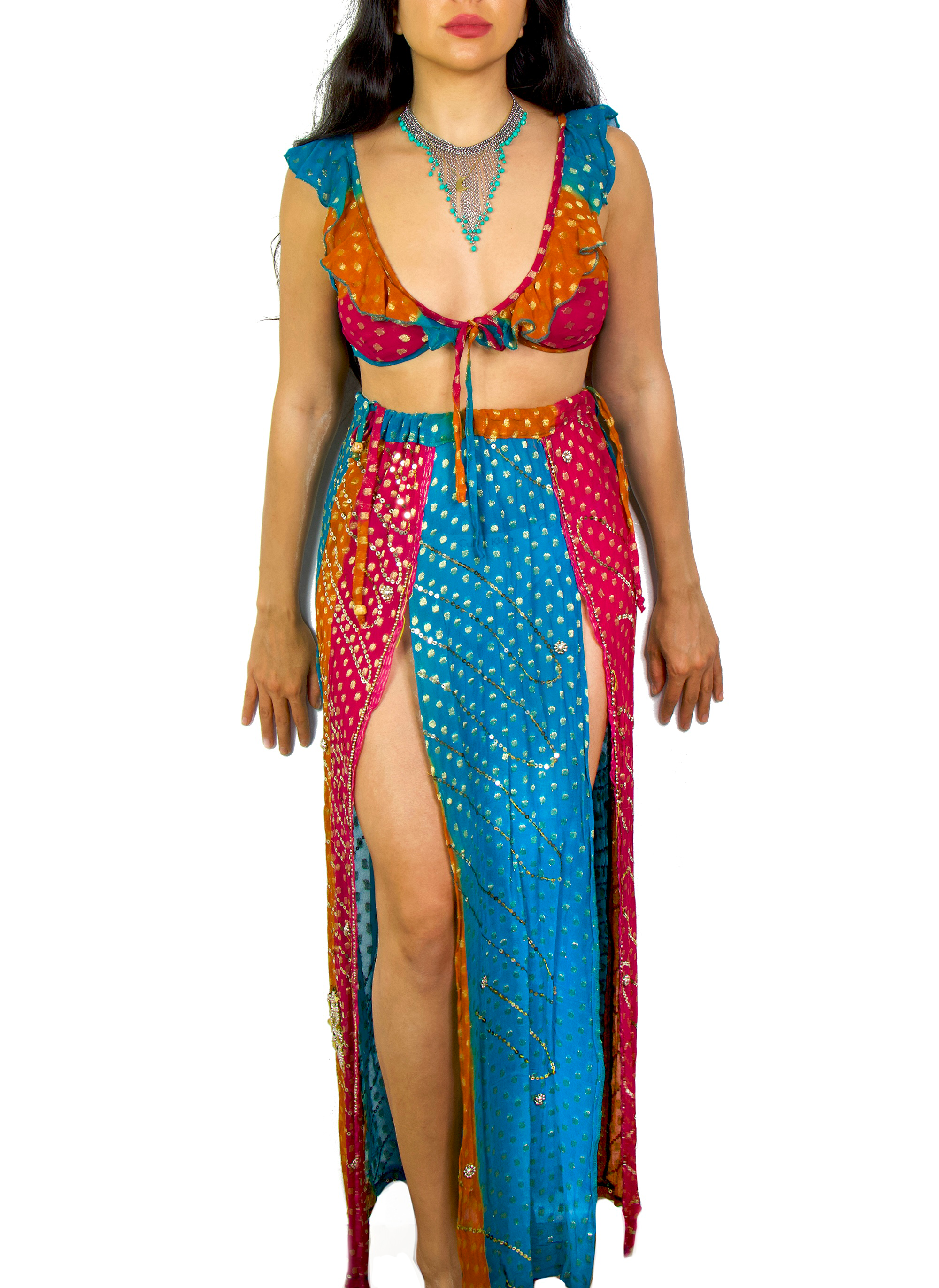 Handmade multicolor vintage 2 piece women outfit comes with adjustable fit