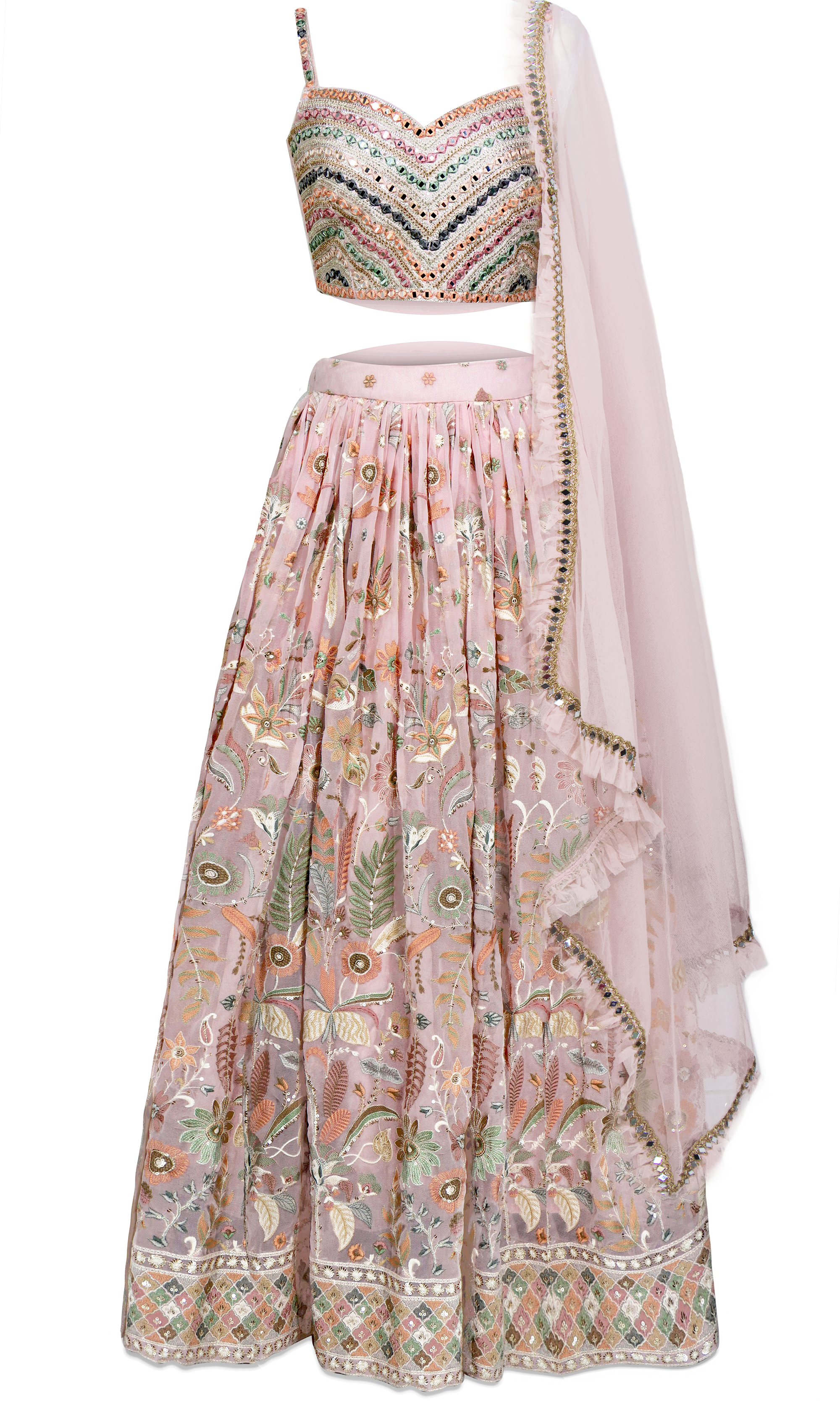 Multicolored resham and sequins Georgette Onion pink lehenga, matching crop top. 
