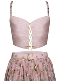 Pink lehenga in georgette with sequins, ruffle net dupatta & adjustable sleeveless top.