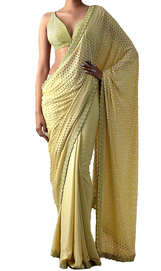  Pre-stitched citrus scalloped saree by Preeti S Kapoor & paired with a matching style sequined blouse.