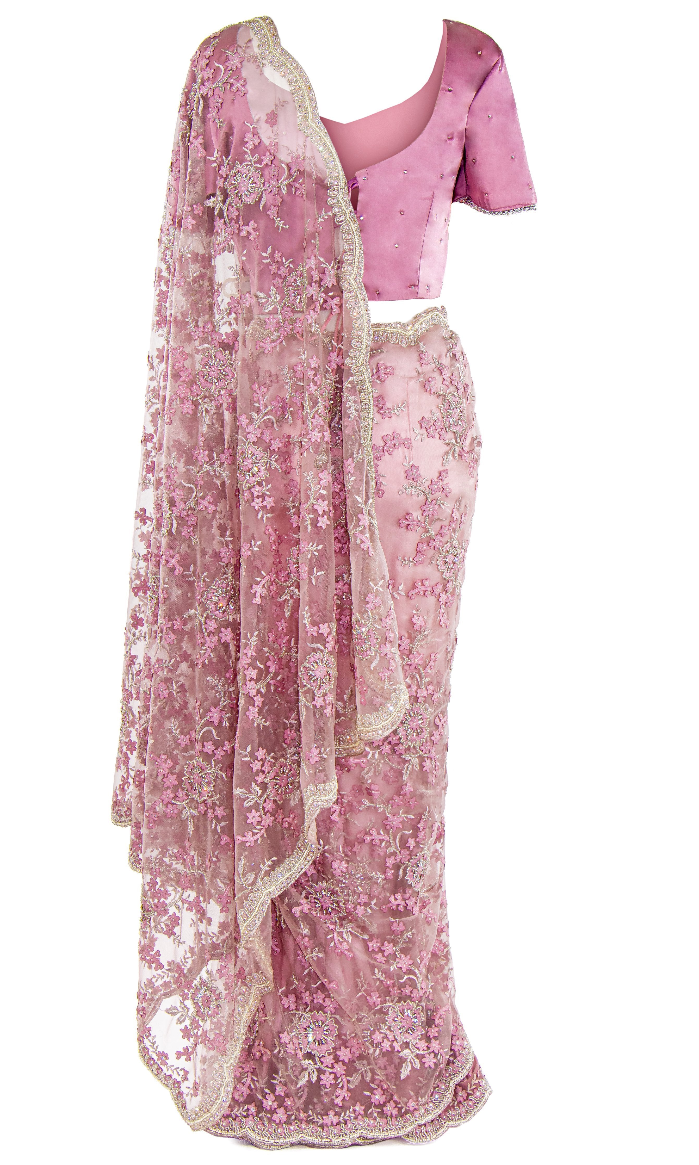  Saree is pre-stitched and pre-pleated, Matching petticoat is included.