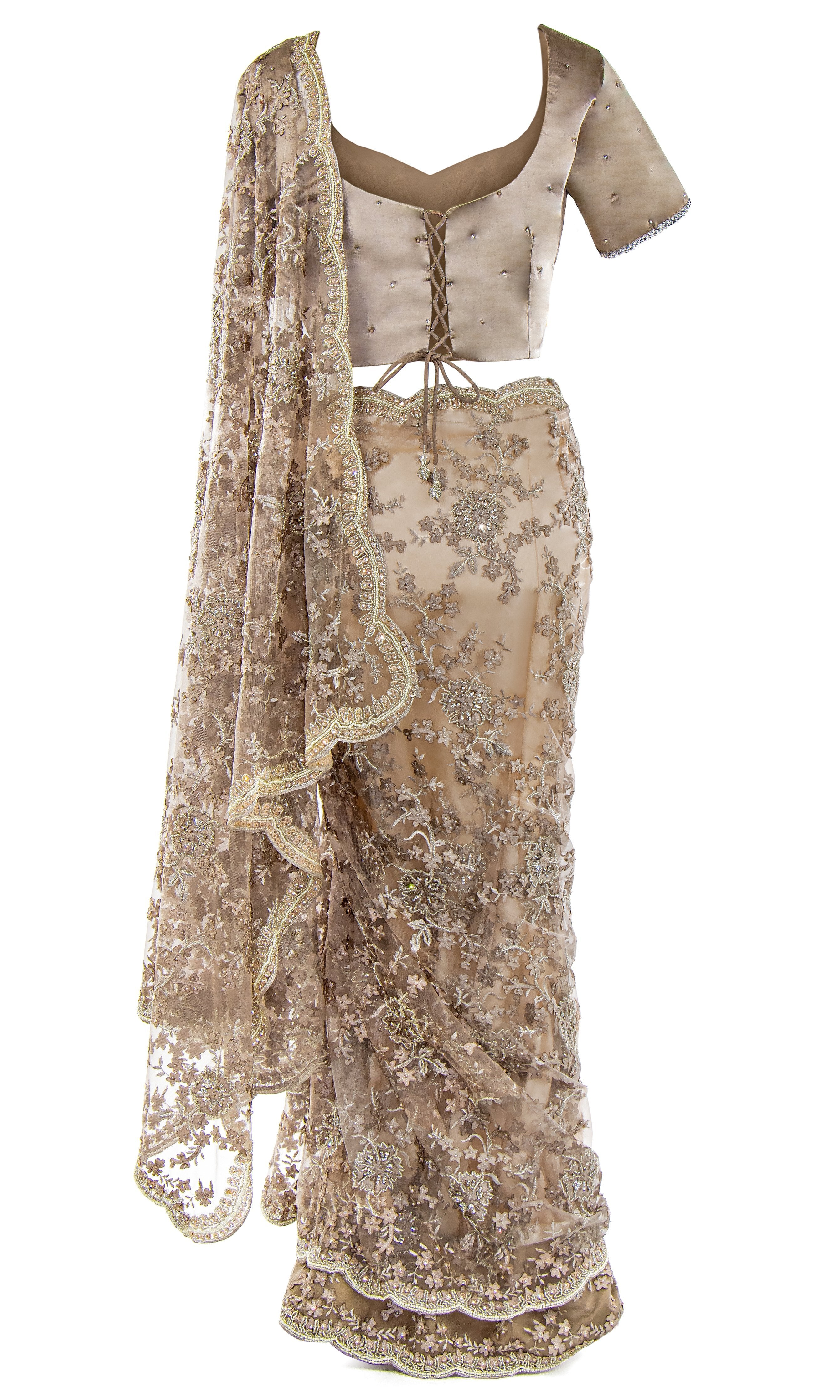 Classic Taupe Silk Saree pre-pleated for your convenience, petticoat is included, Perfect for any occasion.
