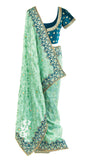 Sea green pre-stitched silk Saree featuring an intricate patchwork border & Matching petticoat