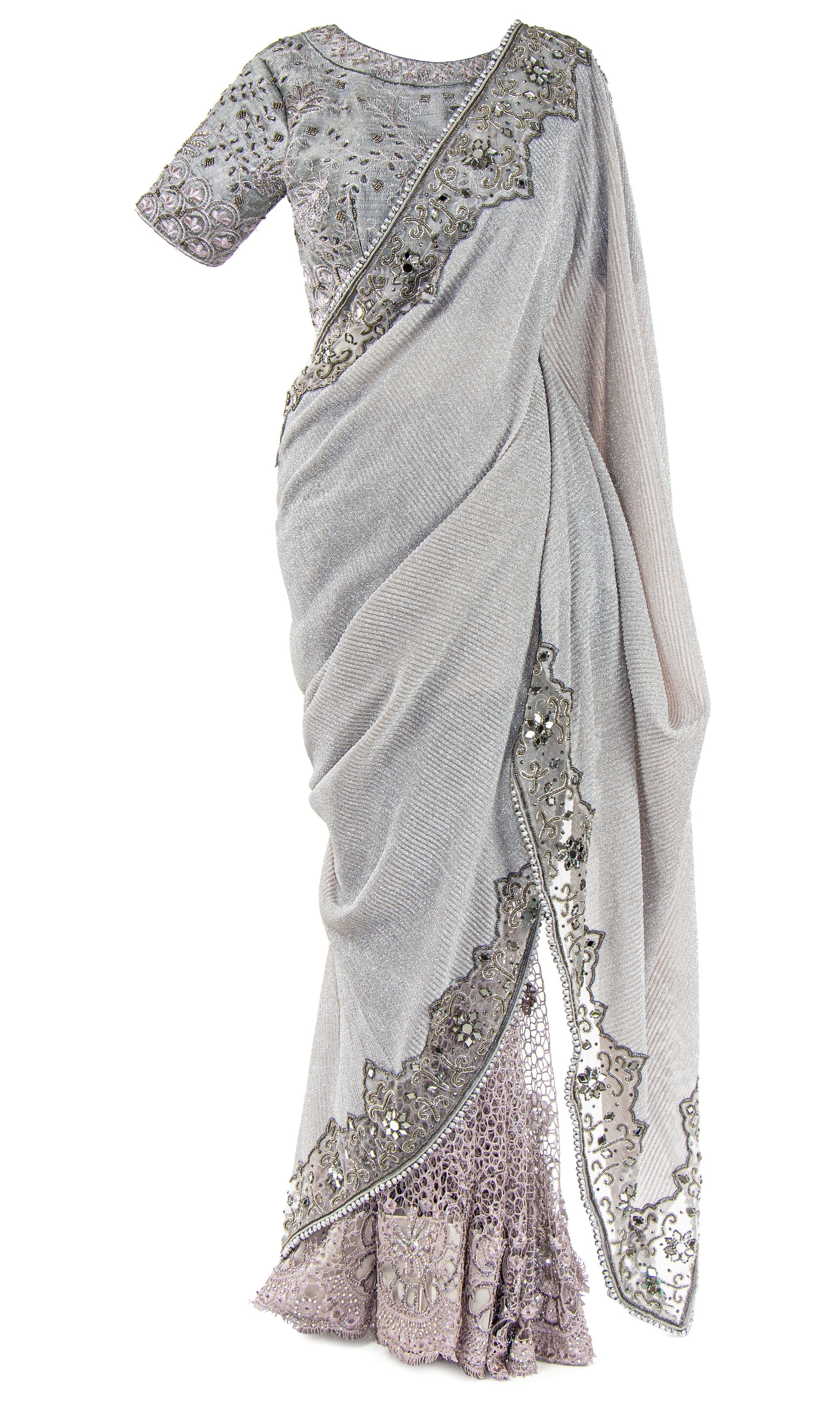 Gray Saree pair with matching blouse elevated with silver beading and mirror work.