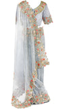 Pre-stitched grey organza Sare with a pink floral & vine patchwork & Matching petticoat.