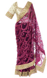 Magenta net Saree with gorgeous embroidery & pre-stitched.