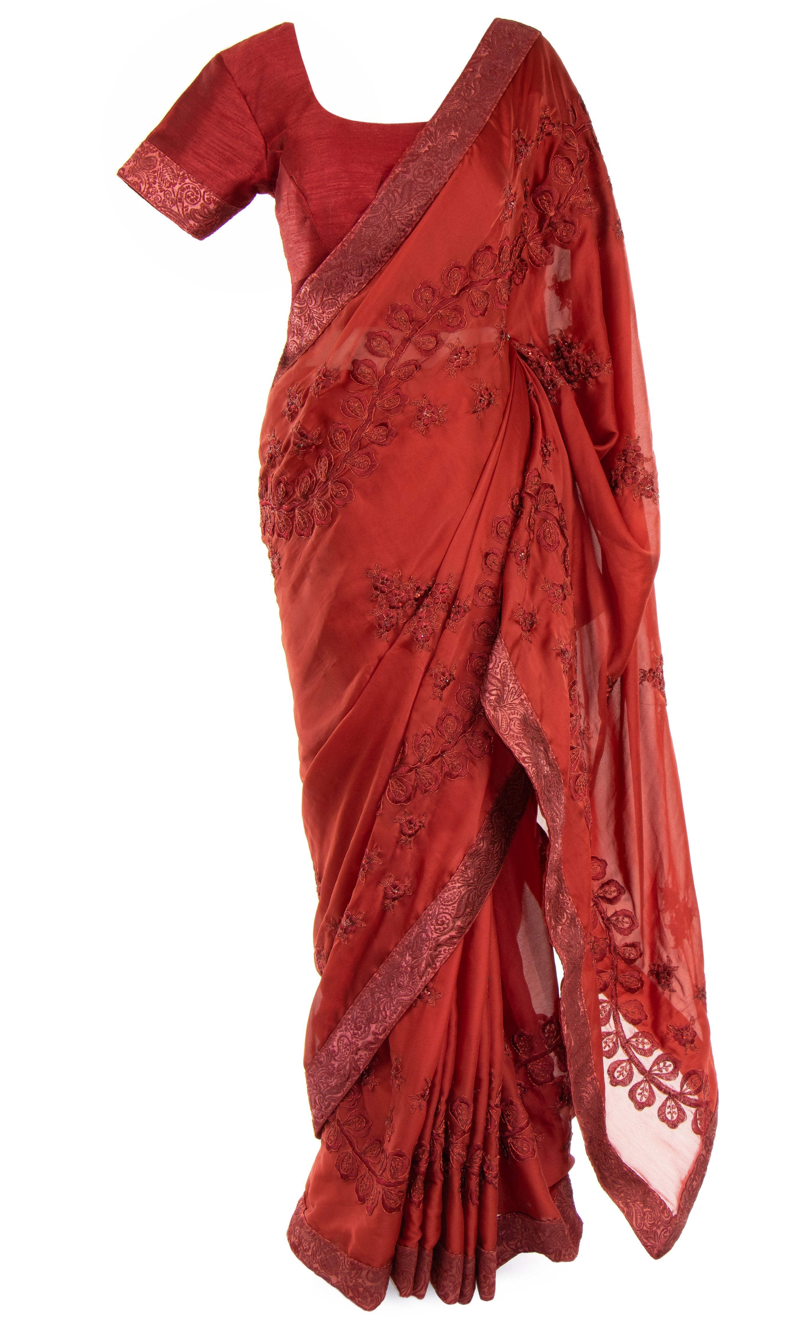 Pre-pleated burgundy Saree with embroidered classic top & subtle stone work and has a gorgeous paisley border.