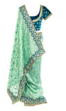 Sea green pre-stitched silk Saree featuring top with mint green and gold embroidery & Matching petticoat