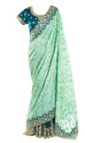 Sea green pre-stitched silk Saree with mint green and gold embroidery, & adjustable Blouse.  