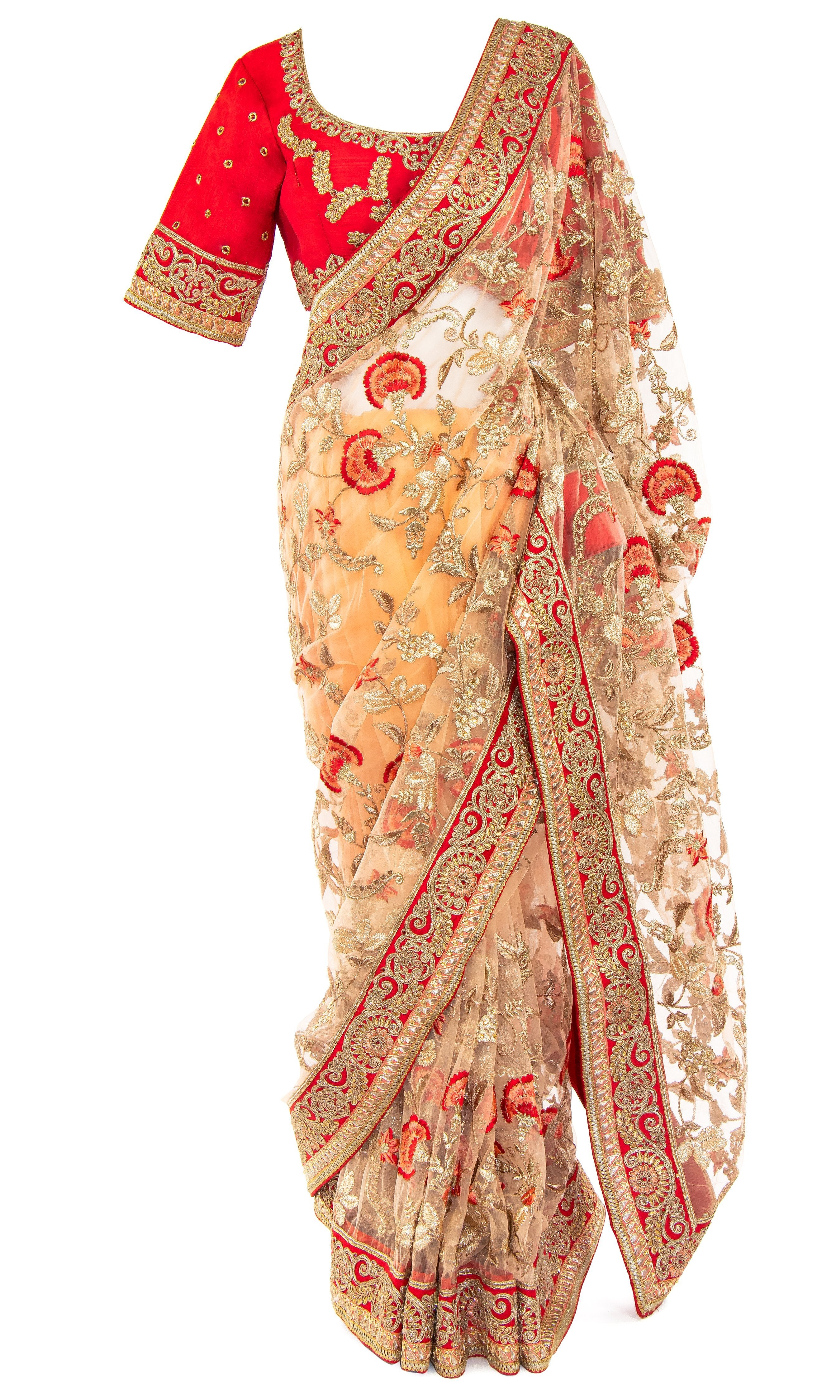 Peach net Saree detailed with a stunning red and gold floral pattern with Matching petticoat & red silk blouse