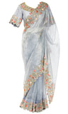 Pre-stitched grey organza Sare with a pink floral & vine patchwork & adjustable Blouse.