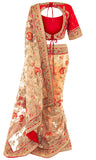 Ready-made and pre-pleated Peach net Saree detailed with a stunning red and gold floral pattern