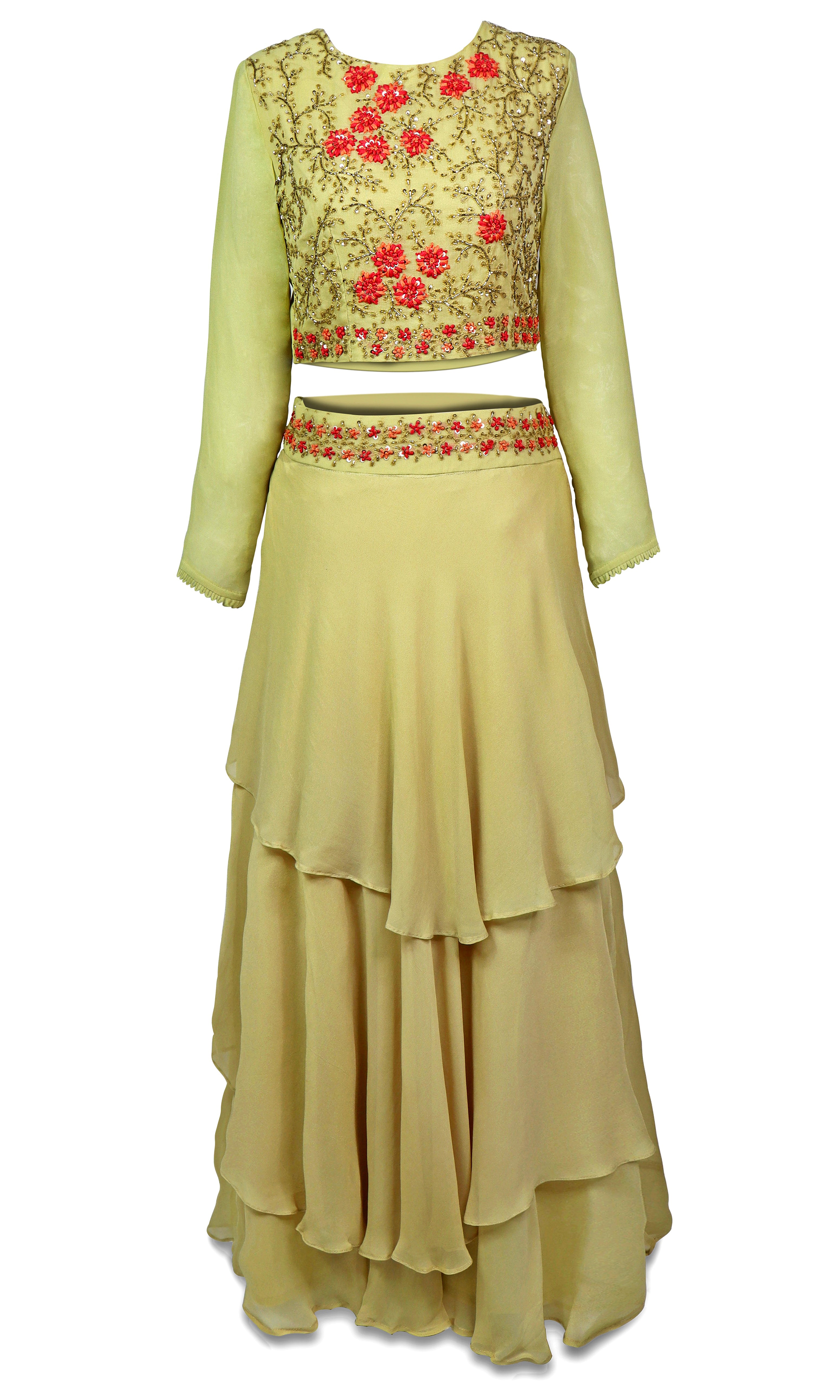 Beautiful  3-piece lehenga with fully stitched and decorated with flowery designs.