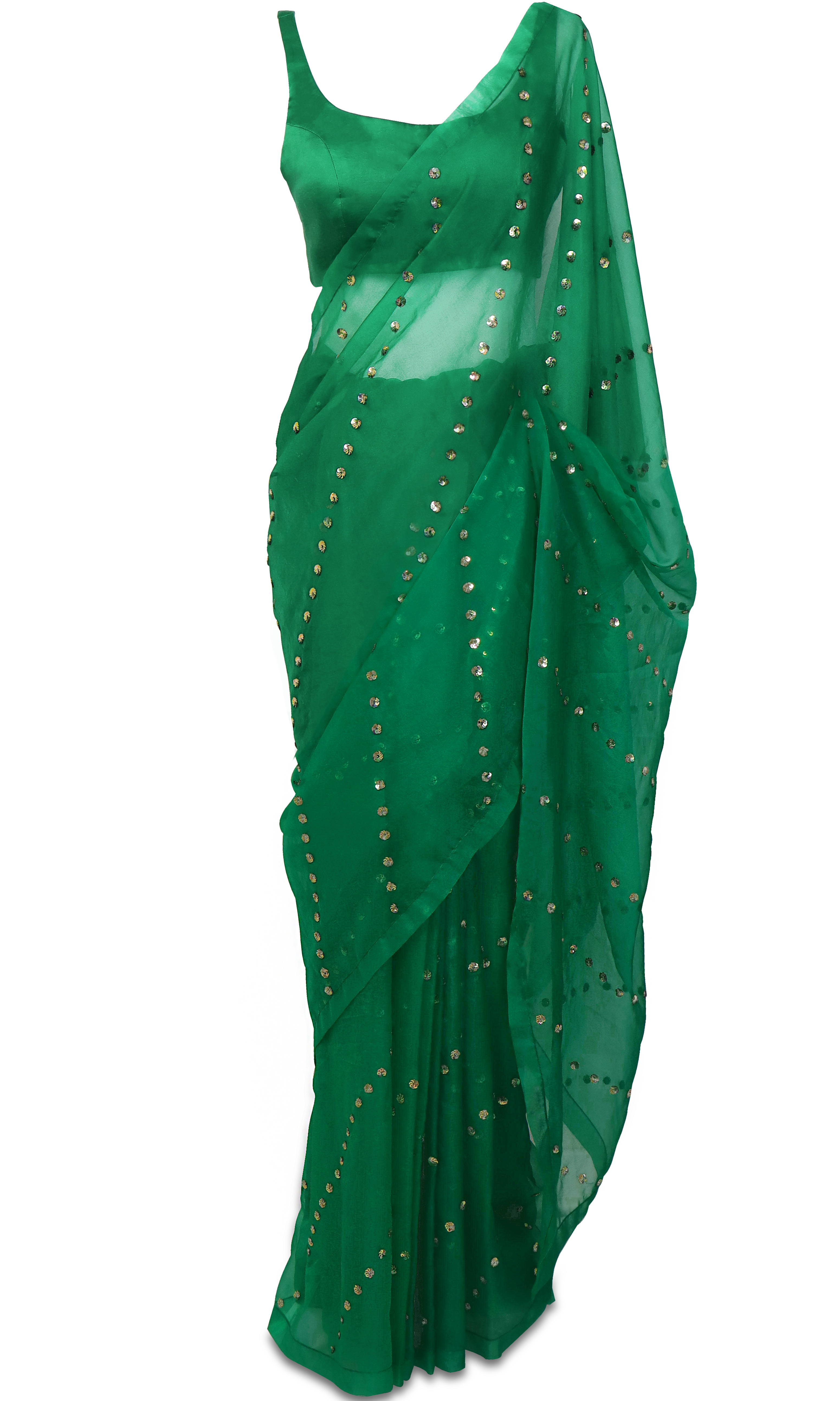 Pre-pleated emerald green saree with silk organza base & matching green satin blouse by Rania