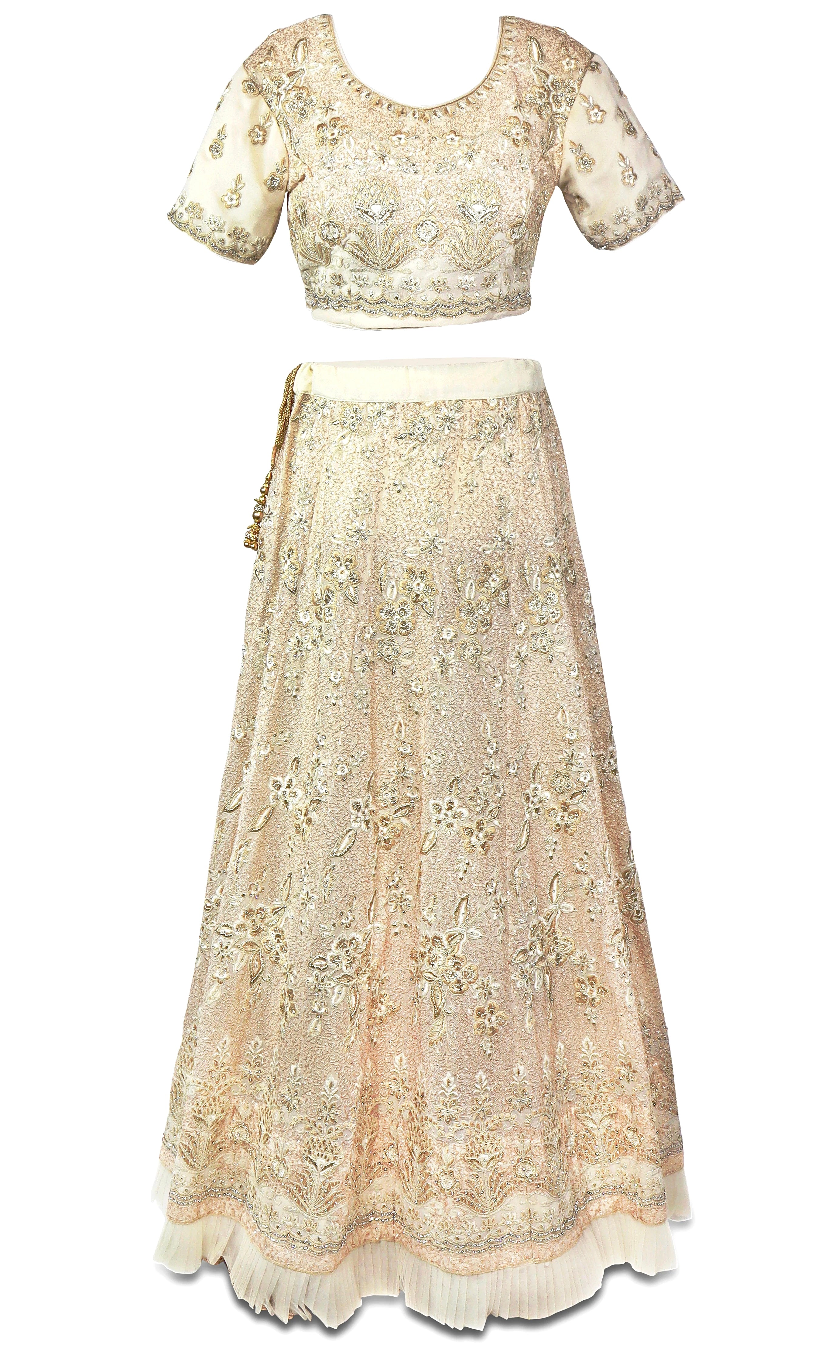 3 piece Creme shimmering colored lehenga is covered in beautiful embroidery in shades of creme, off-white, gold and silver.
