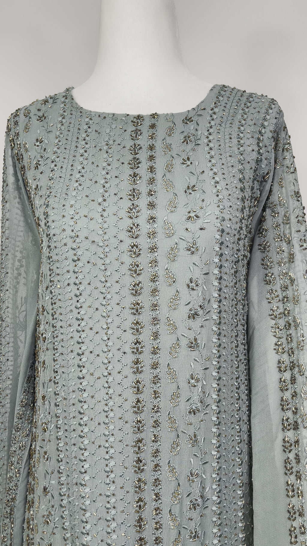 Gray/blue lehenga with intricate embroidery long blouse & Dupatta with beadwork 