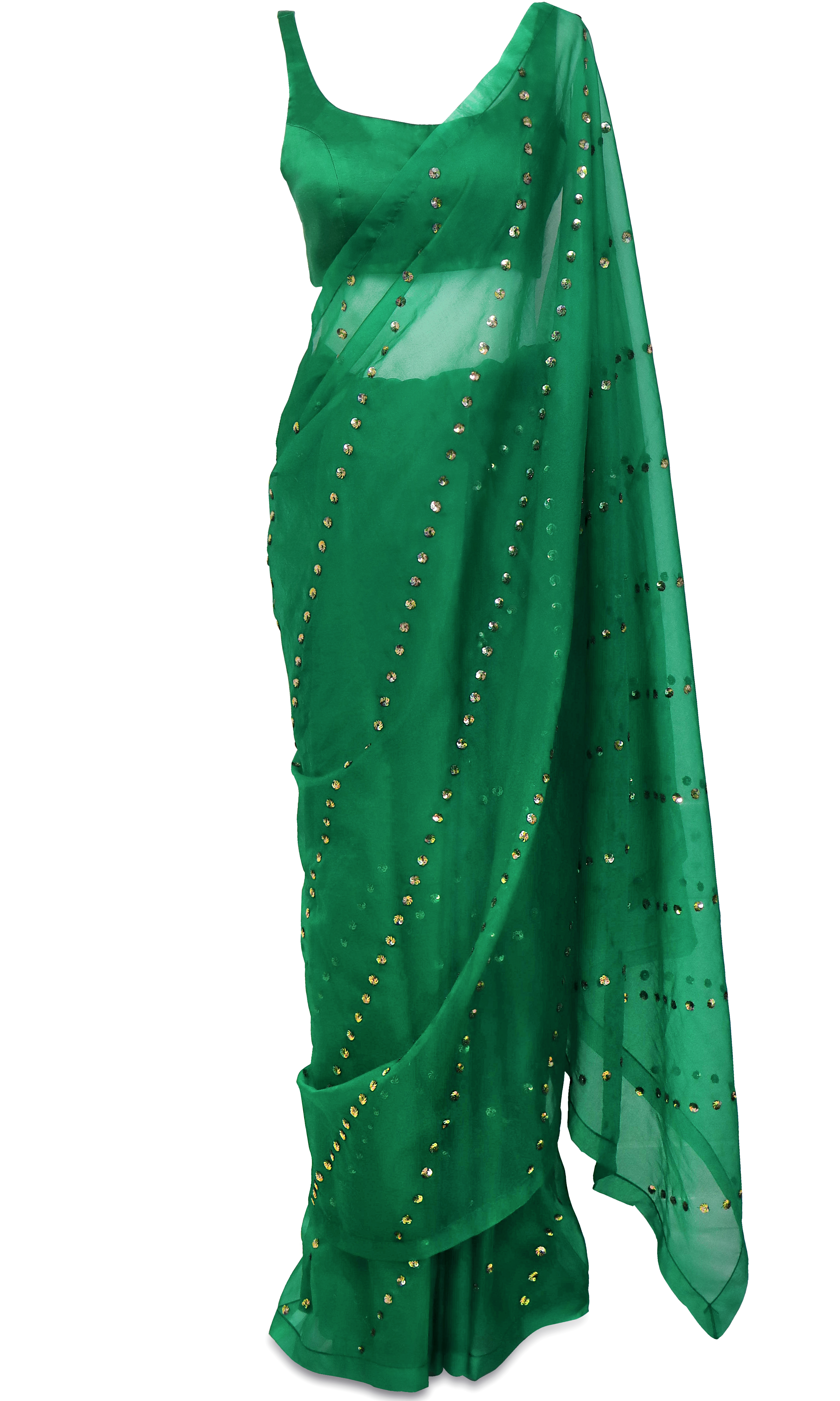 Pre-stitched emerald green saree features a silk organza base with 3D gold sequins embroidery