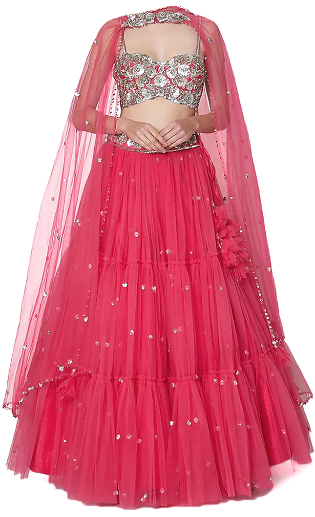 Fuchsia designer lehenga embroidered with silver sequins, comes with matching blouse & tulle dupatta by Preeti S Kapoor