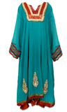 3 piece teal pant-suit with stunning gold, orange, green, and red embroidery & has tiny pearls throughout