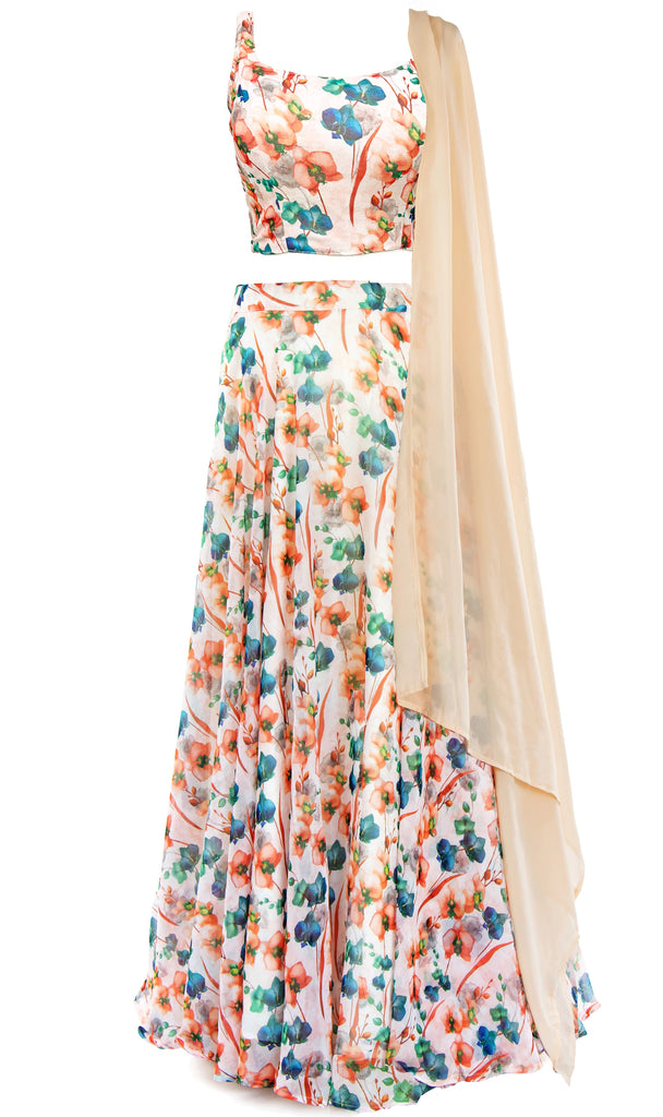 Sleeveless georgette cream floral lehenga with crop top and matching dupatta.